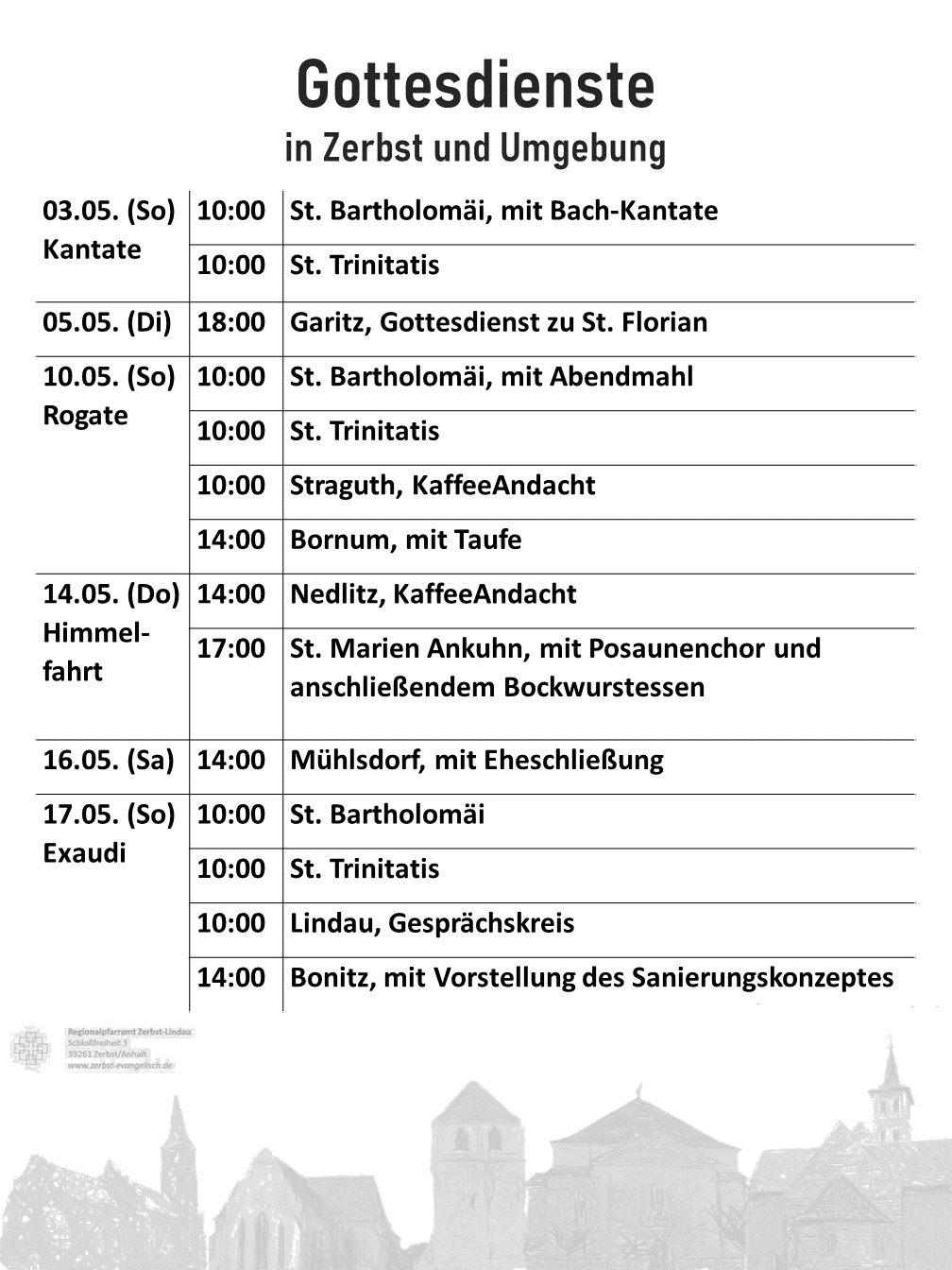 Gottesdienste bis 17 Mai 2026